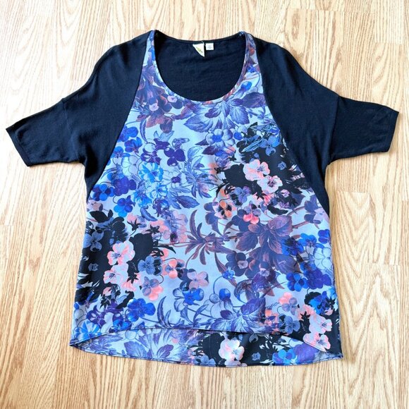 Anthropologie Meadow Rue Top Size Small Floral Knit Mixed Media Black Blue Coral - Picture 10 of 13